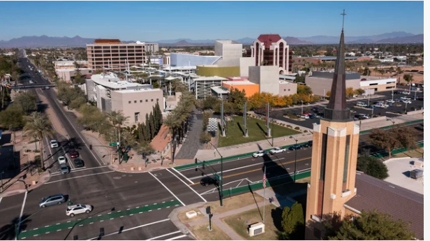 Aerial view of Mesa Arts Center with distinctive architecture and downtown Mesa, Arizona