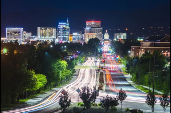 Boise, Idaho skyline at night with light trails on Capitol Boulevard