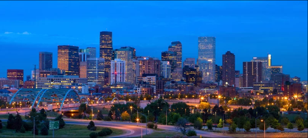 Denver, Colorado skyline at night with city lights