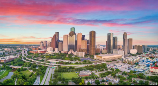 Houston, Texas downtown skyline at sunset with colorful sky