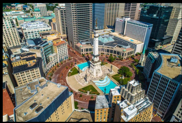 Aerial view of Indianapolis, Indiana Monument Circle downtown