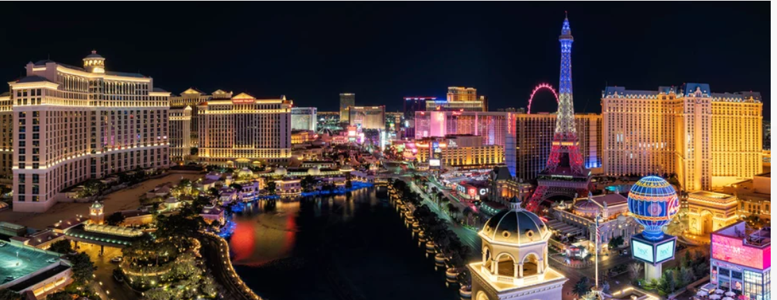 Las Vegas Strip with iconic hotels and casinos in Las Vegas, Nevada